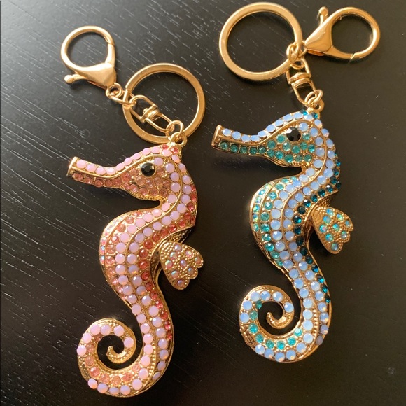 Accessories - Seahorse Crystal Keychain Bag Charm - Pink and Blue